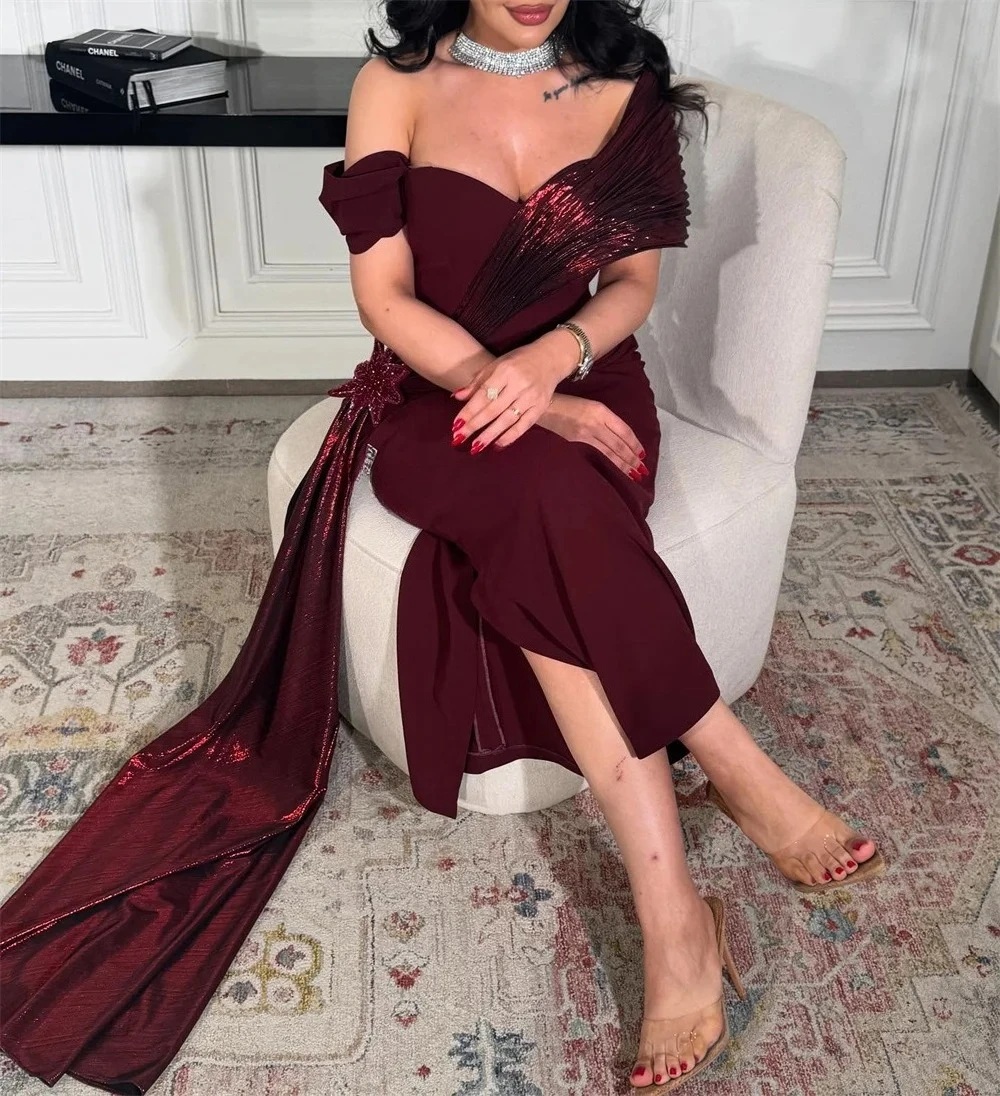 Alta qualidade personalizado feito à mão flor plissado em linha reta fora do ombro vestidos longos sob medida vestidos de ocasião moda requintada