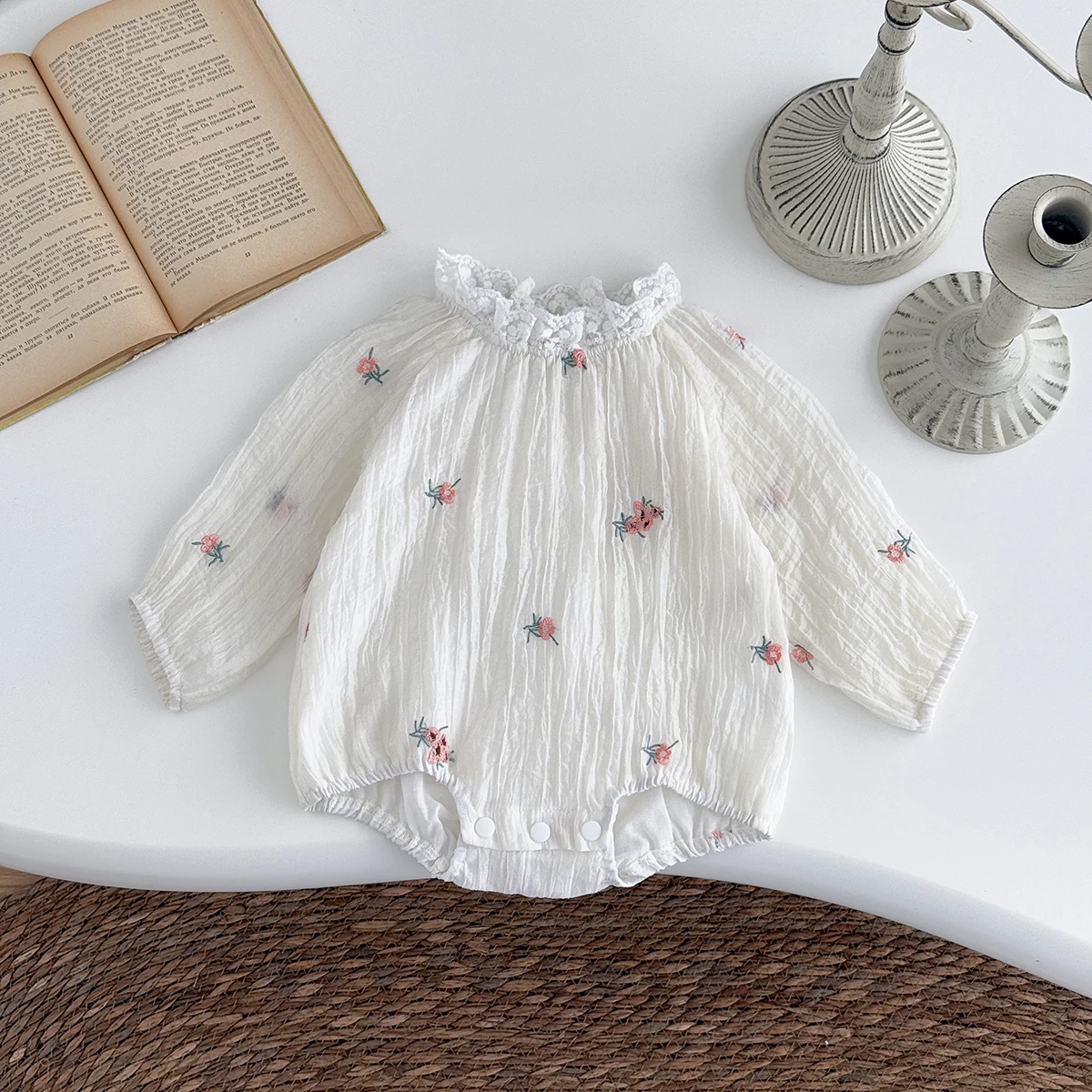 Summer Newborn Baby 0-18M Girls Infant Clothes Toddler Baby Bubble RomLong Sleeved Embroider Flower Baby Triangle Bodysuit