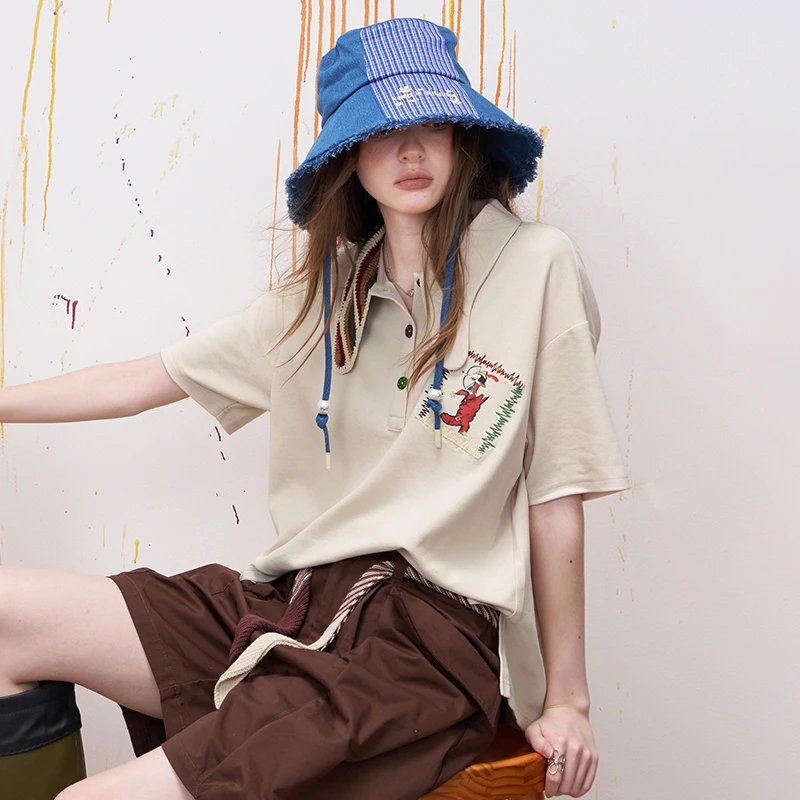 ELFSACK Asymmetric Crochet Collar Polo Shirt with Cartoon Embroidery for Women