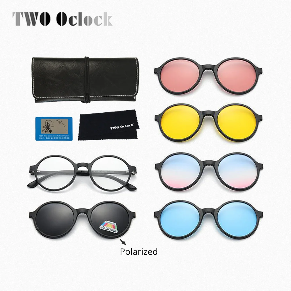 TWO Oclock 5 In 1 Magnet Sunglasses Men Clip On Glasses Round Women's Glasses Frames Decorative Glasses with Magnetic Clip Color