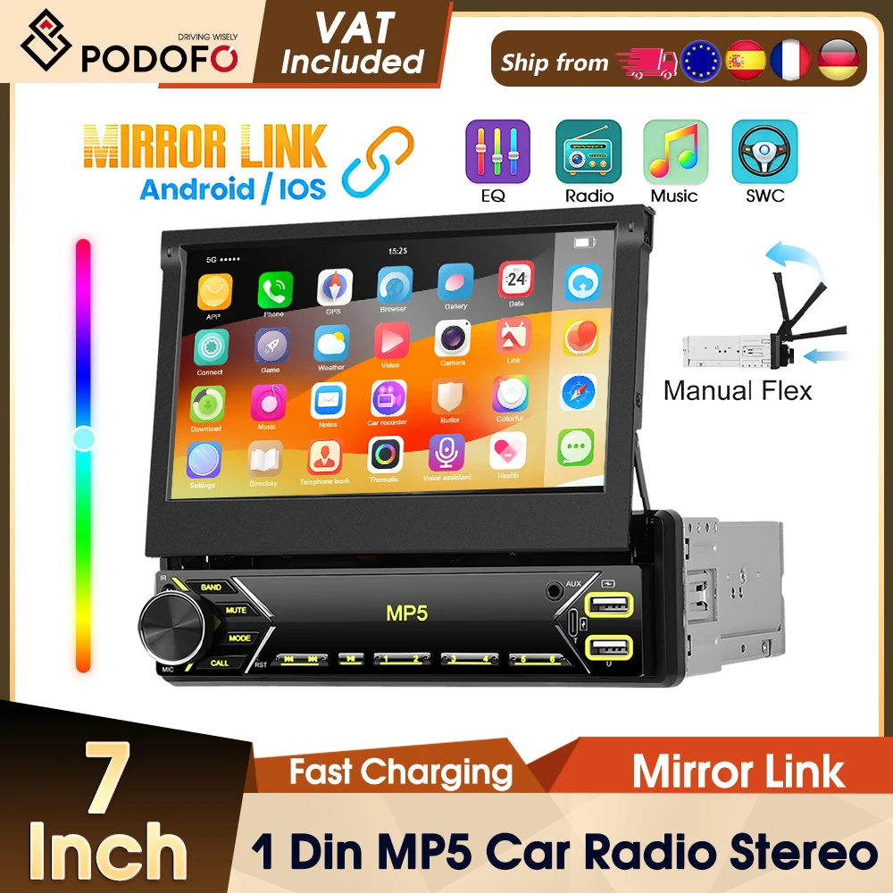 Podofo 7" Auto-MP5-Multimedia-Player 1 Din Wireless Carplay Android Auto Autoradio Bluetooth MirrorLink FM-Radio EQ USB Autoradio