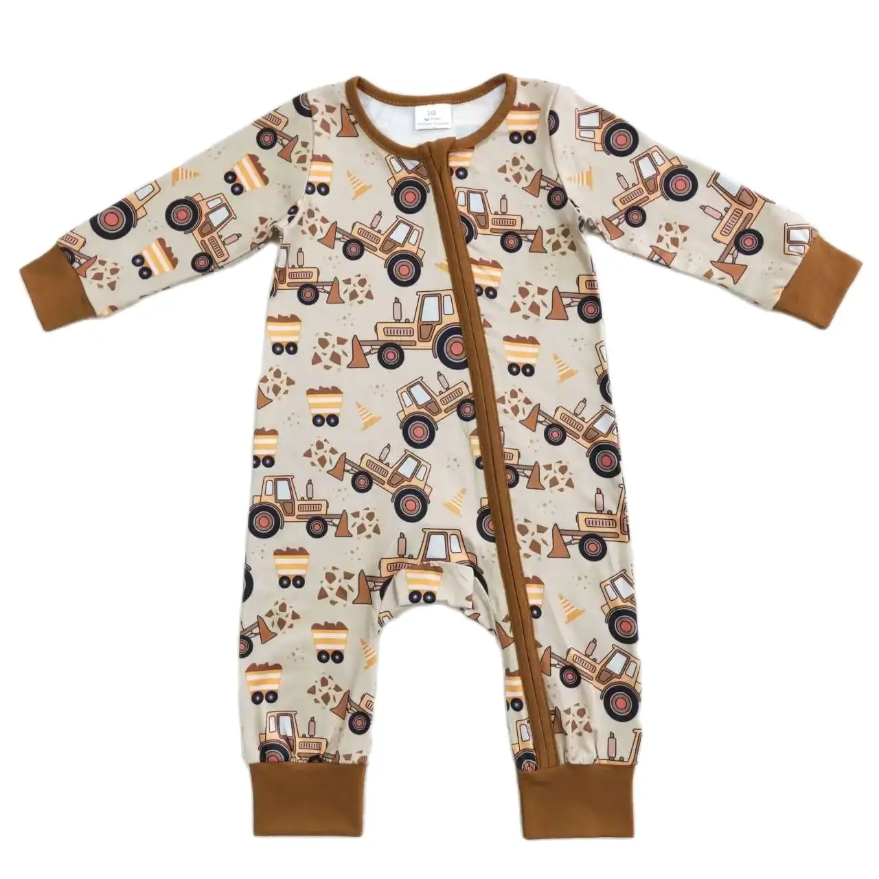 

LR0508 kids clothing construction vehicle long sleeve jumpsuit brown color boy milk silk romper