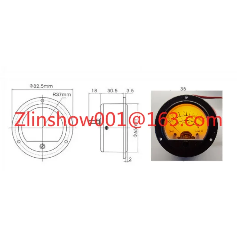 Round black, pointer head, retro dial VU meter, level meter voltmeter SO65 yellow backlight