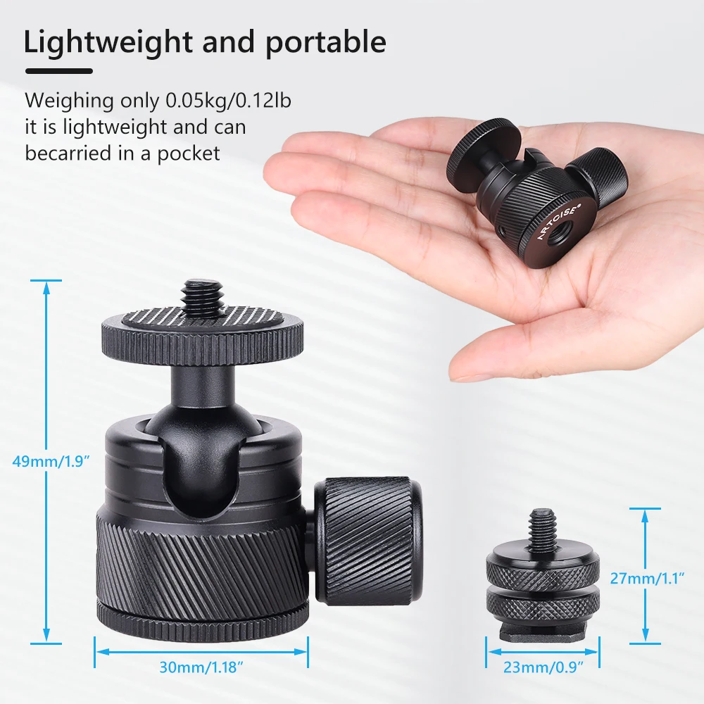 ARTCISE CB20 Mini Portable Aluminum Alloy 360 Degree Double U-Groove Design Ballhead for Phone Light Weight Camera, Max Load 3kg