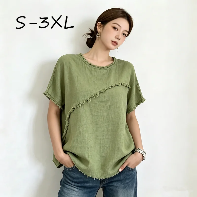 Women Summer New Round Neck Casual Blouse Shirt  Panel Loose Cotton Linen Short Sleeve Top Shirt Ladies Daily Streetwear Holiday