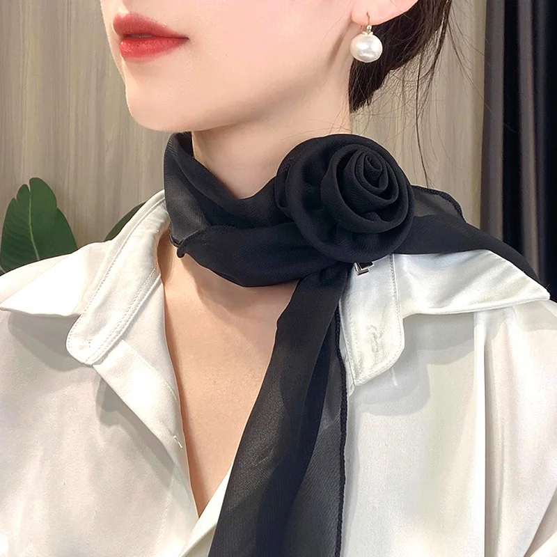 Fashion Rose Flower Silk Scarf Women Soft Chiffon Kerchief Neckerchief Head Hijab Ladies Long Ribbon Tie Scarf Office Clothes