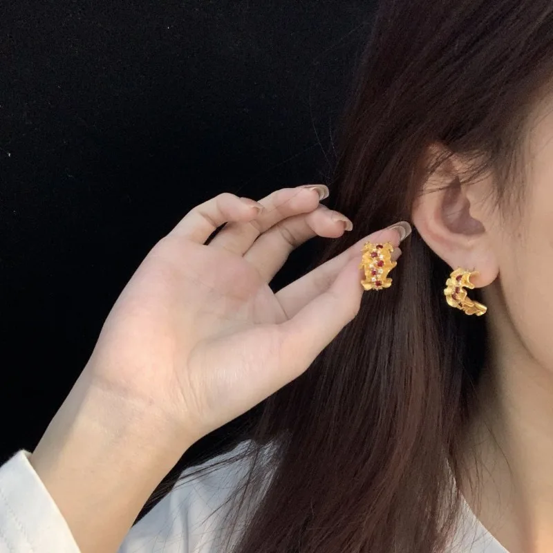 الفرنسية الرجعية مايكرو الماس الدانتيل وأقراط للنساء ضوء الموضة الفاخرة الراقية أقراط الأحجار الكريمة الحمراء للزوجة والفتاة #4