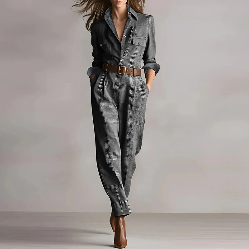 Damski kombinezon z klapami, guzikami, kieszeniami, długim rękawem, luźny, na imprezę, casualowy, jednolity kolor, modny.