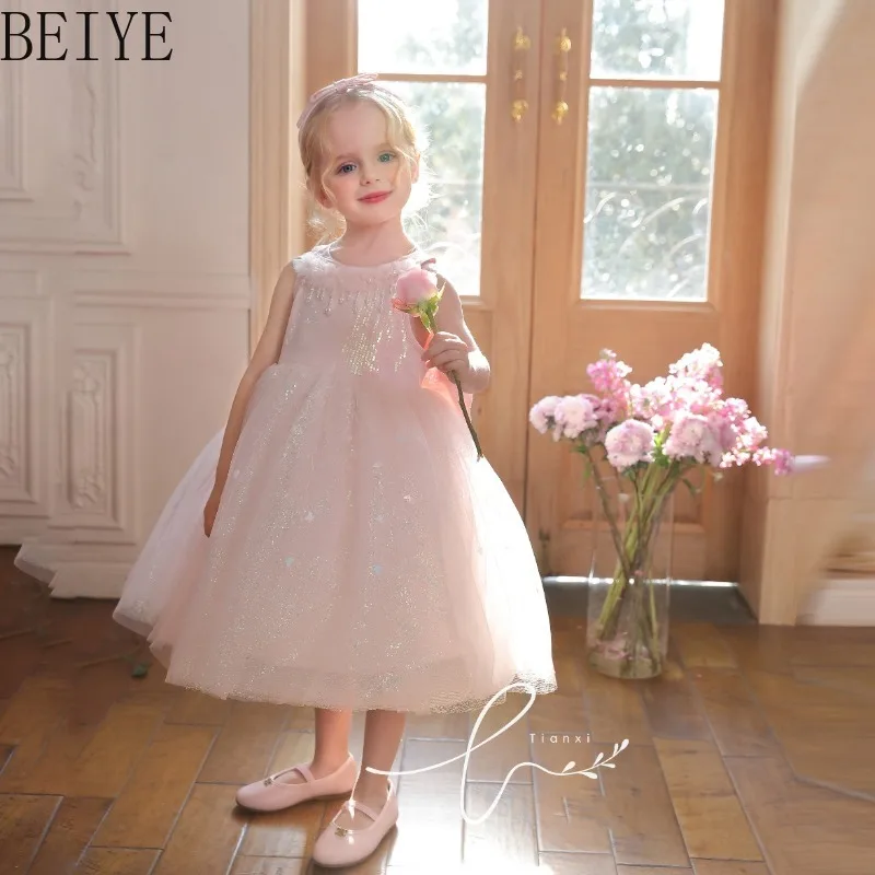 Summer Korean Style Children's Dress Crew Neck Pearl Tassel Puff Princess Dress Litlle Girls Sleeveless Sweet Gauze Dress