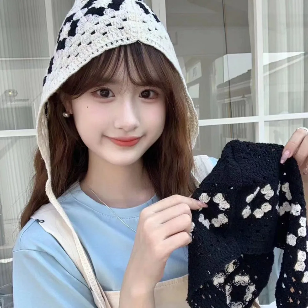 

Boho Flower Hollow Out Crochet Hat Handmade Breathable Knitted Beanie Cap Concave Strap Thin Tie Pullover Hat