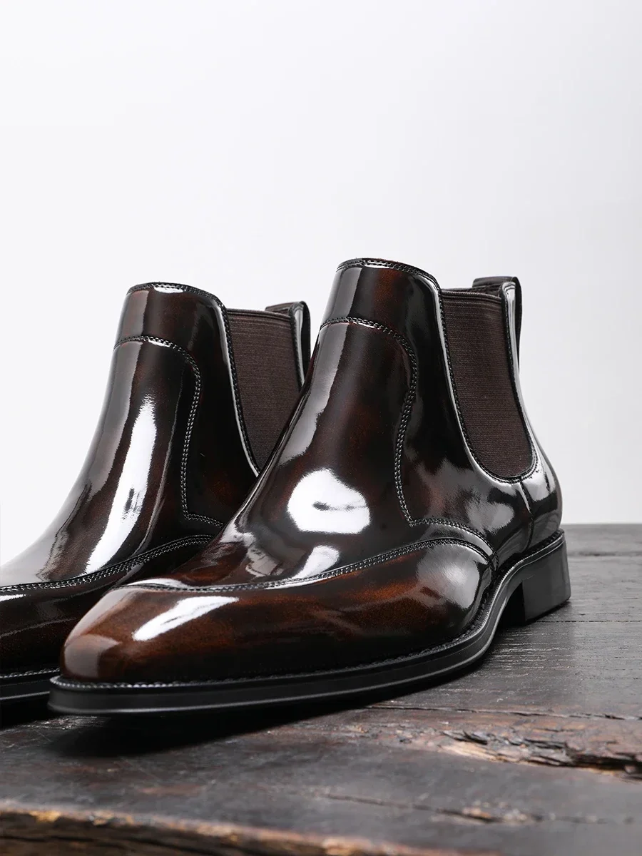

2025 Formal Business Men's Boots Leather Glossy Square Head Casual Trend Leather Boots Men's Shoes Gift