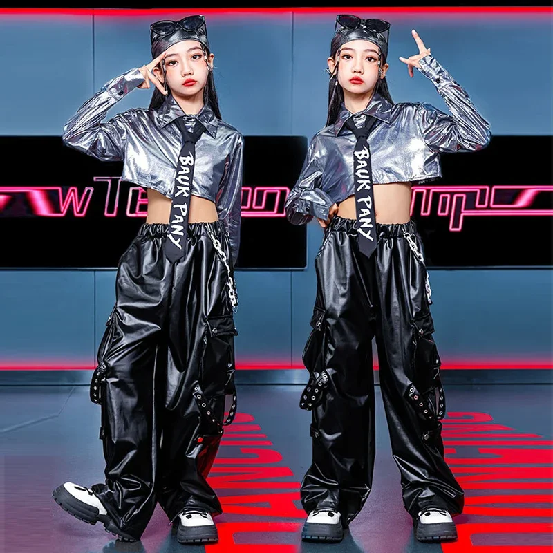 

Girls Hip Hop Kpop Stage Outfit Silver Shirt Children Black Pants Jazz Dance Suit Kids Street Dance Performance Clothes