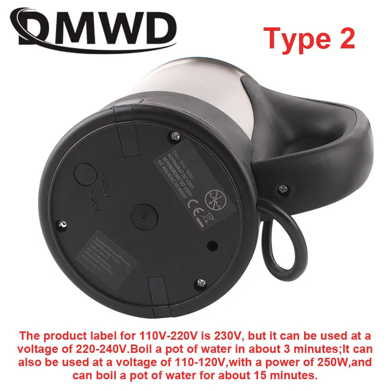 DMWD 110V-220V Dual Voltage Travel Electric Heating Kettle MINI Teapot Cup Water Heater Portable Stainless Steel Tea Pot Boiler