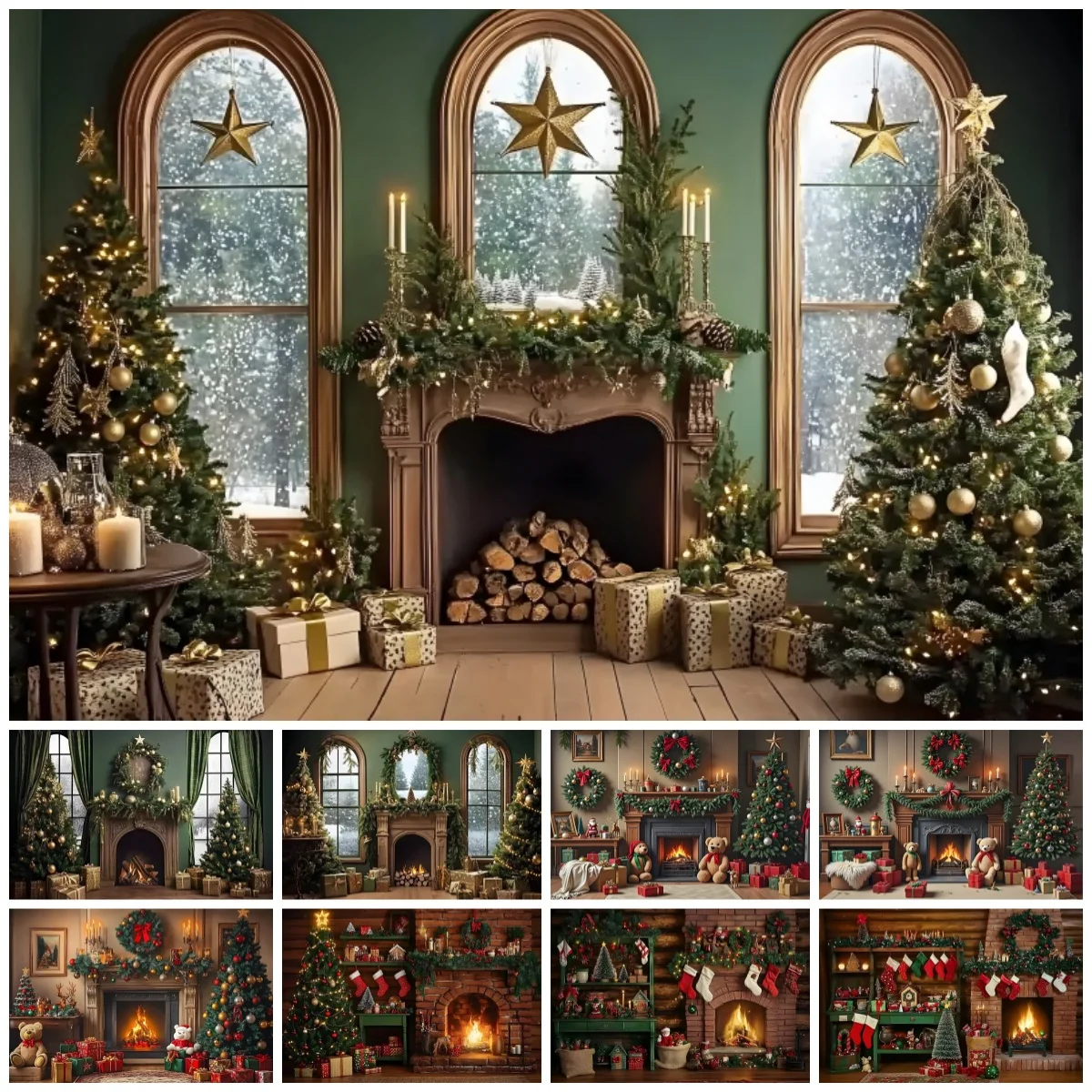 Luxurious Christmas Fireplace Photography Backdrop Golden Xmas Tree Gift Kids Family Portrait Decor Background Photo Studio Prop