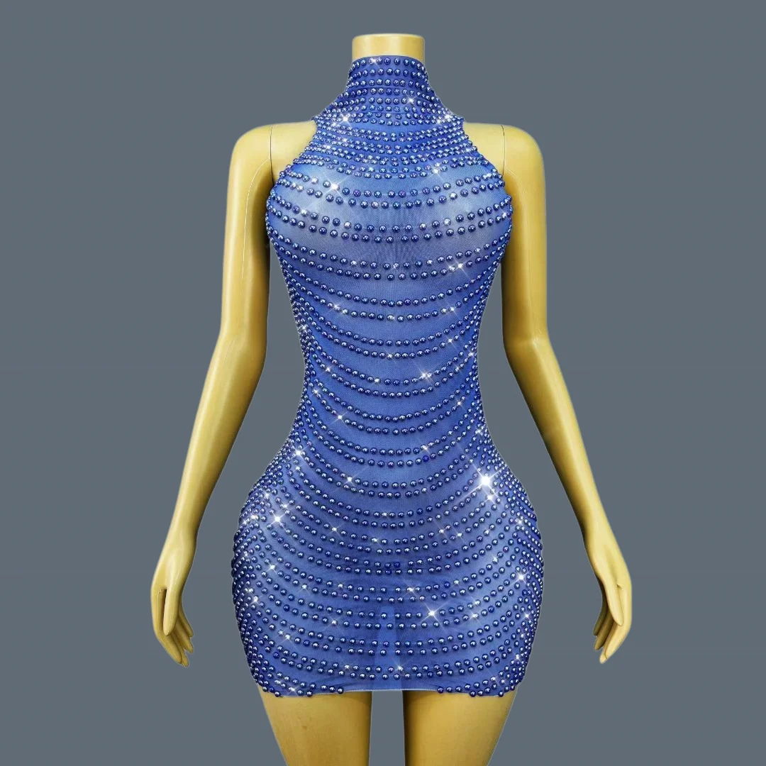 

Luxury Elegant Pearls Sapphire Blue Mesh Short Dress Birthday Celebrate Theme Party Cocktail Dress Women Outfit Qingkongwanli