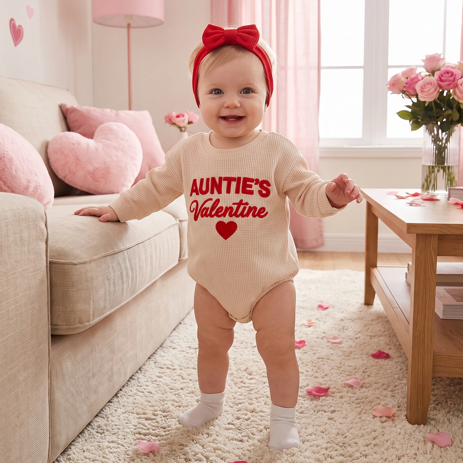 Infant Girl Valentine s Outfit Long Sleeve Bubble Romper and Bow Headband