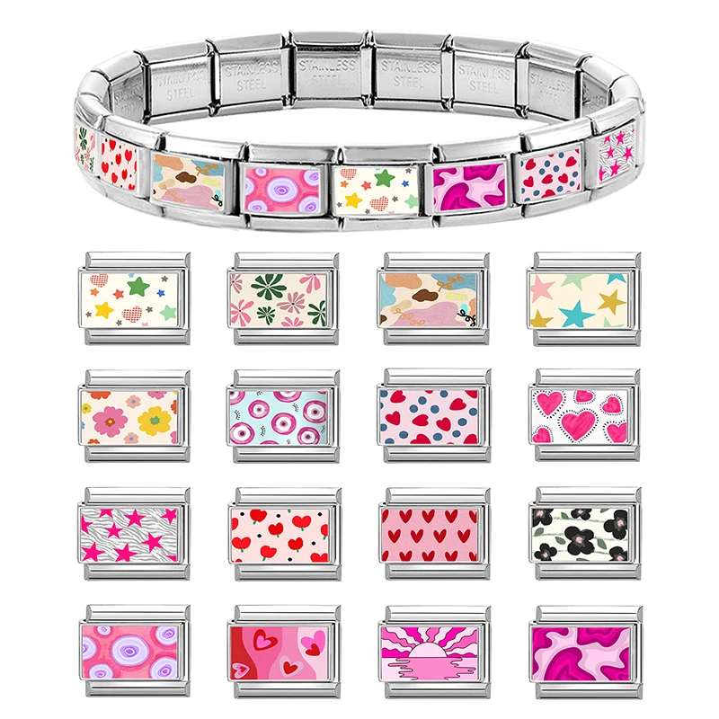 Y2K Colorful Tulip Flowers Heart Star Cherry Italian Charm Links Fit 9mm Stainless Steel Bracelet Men Women DIY Making Jewelry