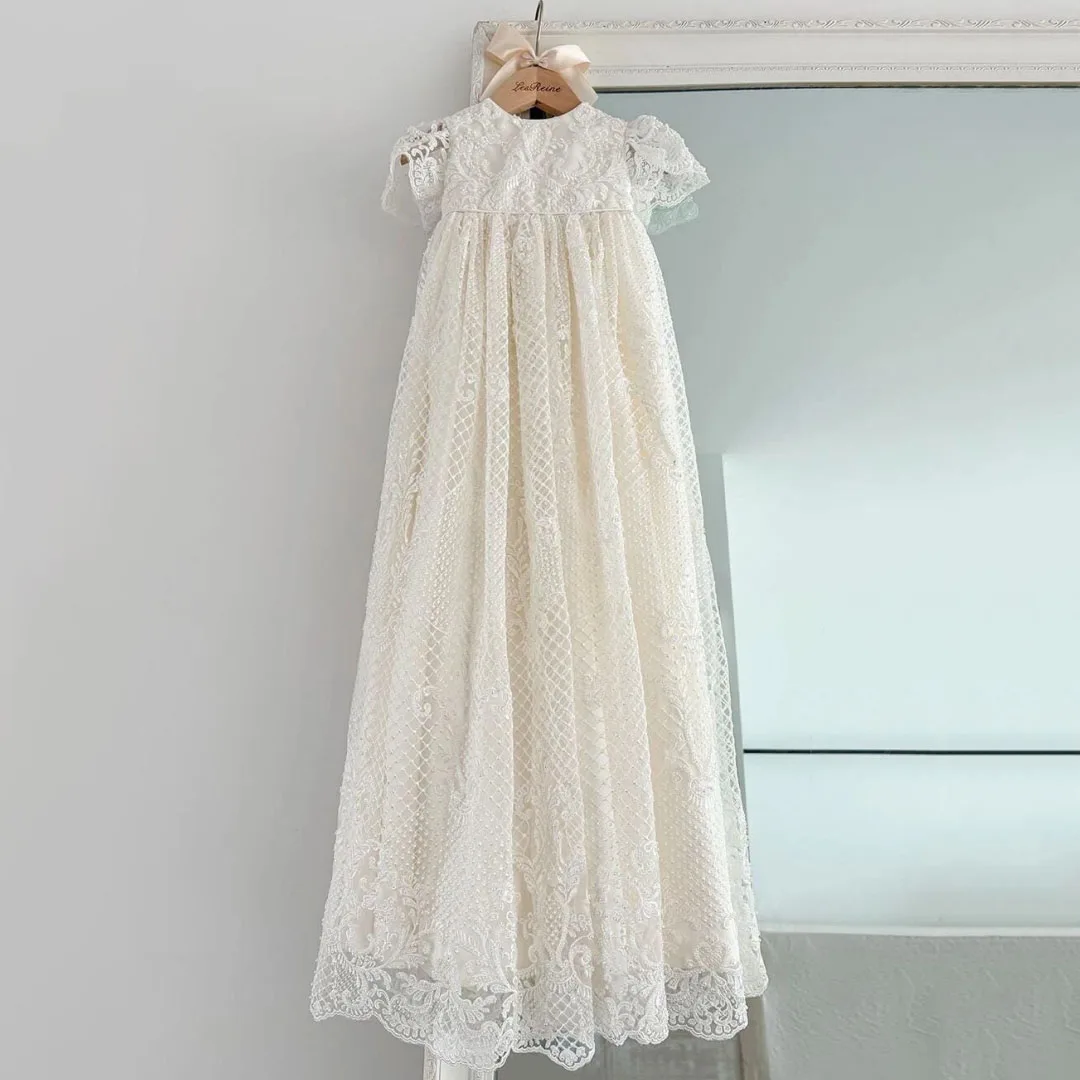 Customized Flower Girl Baby Dresses Ivory Floral Appliques Bow Short Sleeve For Wedding Birthday Party Prom Holy Communion Gown