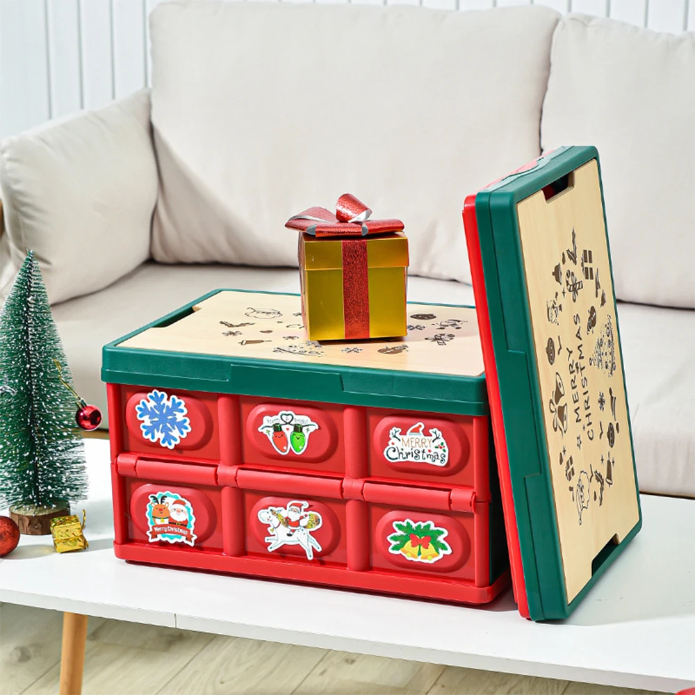 Christmas Storage Box Industrial Style Foldable Seat Organizer Chest for Home Camping, Car Trunk Multipurpose with free stickers