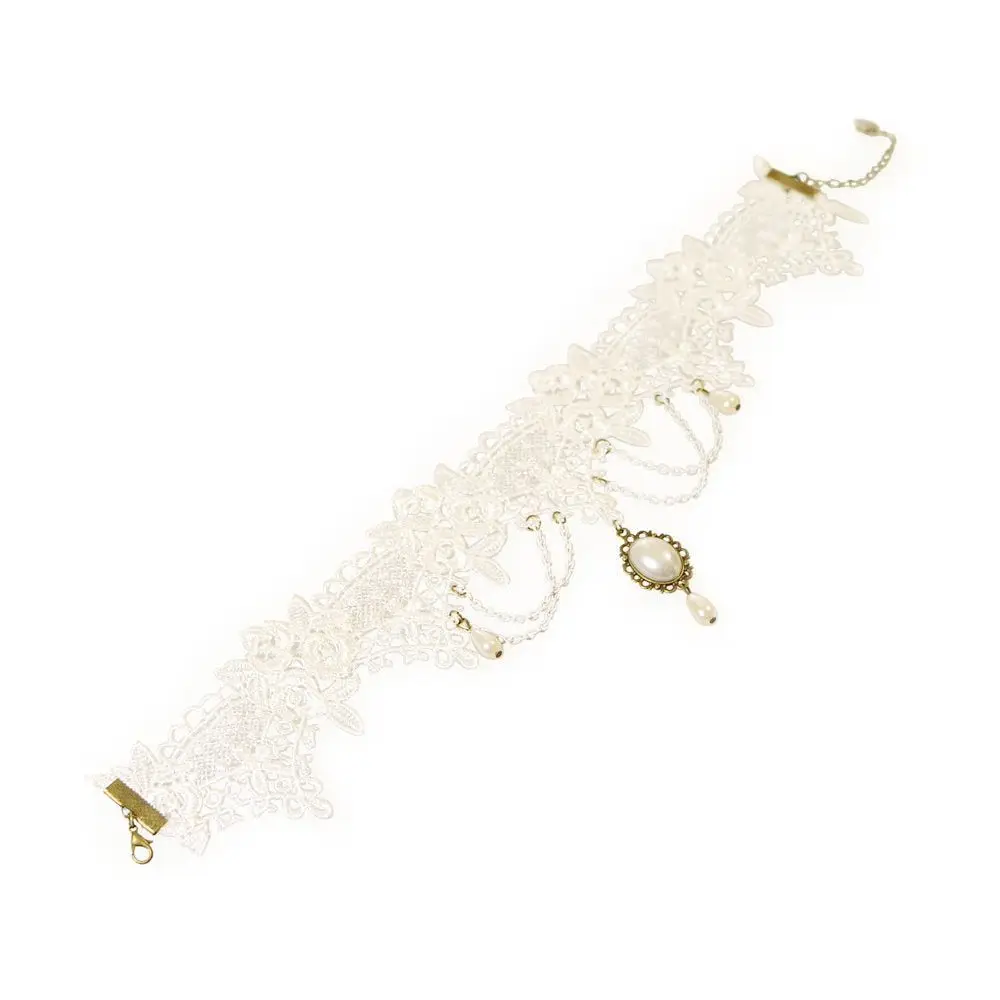 Elegant Punk Imitation Pearl Tassel White Choker Bridal Lace Necklace Women Jewelry