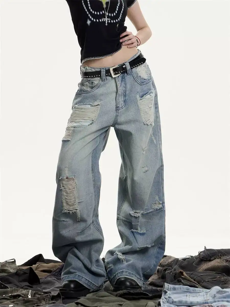 2026 Summer Women Low Waist Ripped Distressed Denim Jeans American Retro Washed Loose Drap Straight Wide Leg Floor Length Pants