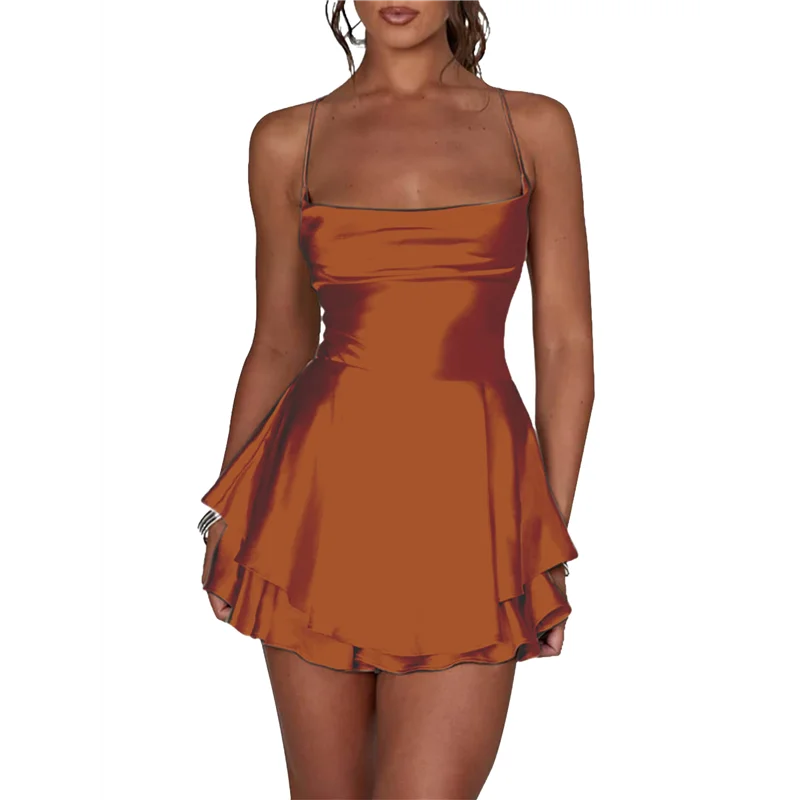 

ASDS-Women's Elegant Satin A-Line Summer Sleevesless Bandage Back Spaghetti Strape Tiered Jumpsuits