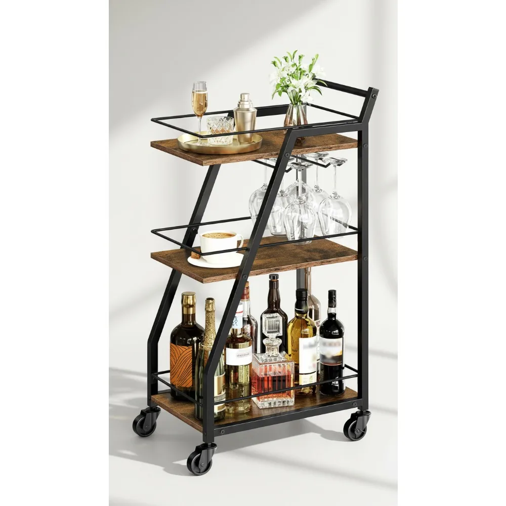 

3-Tier Rolling Bar Cart with Glass Holders - Rustic Brown & Black Mobile Serving Cart for Home Kitchen Dining Party