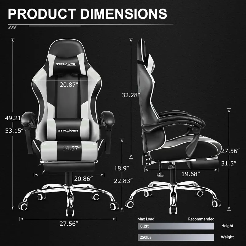 GTPLAYER Gaming Chair, Computer Chair with Footrest and Lumbar Support, Height Adjustable Game Chair with 360°