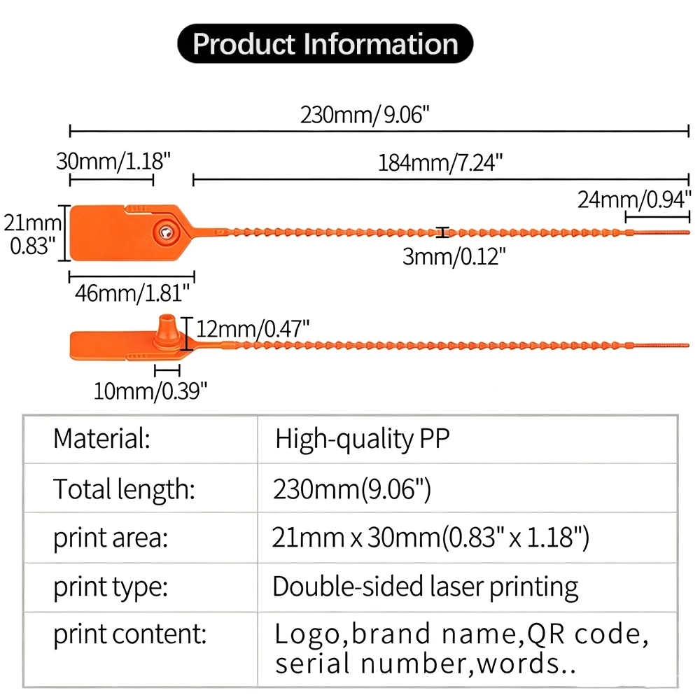 100pcs Custom Logistics Seals Plastic Security Beaded Extintor Sign Label Disposable Mark Hang Tag 230mm/9.1