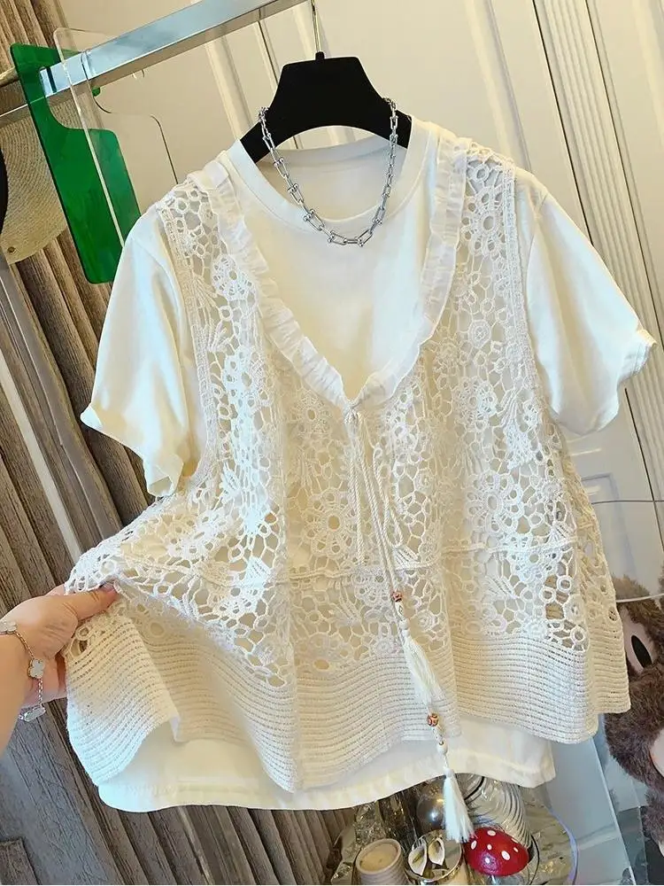 Summer Women Unique French Hollow Out Lace Crochet Vest Short Sleeve T-Shirt Two Piece Set Casual Fashion Tops