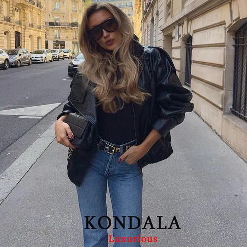 KONDALA, chaquetas informales elegantes de cuero negro para mujer, abrigos elásticos de manga larga con botones de gran tamaño, moda de otoño 2025, abrigos de calle