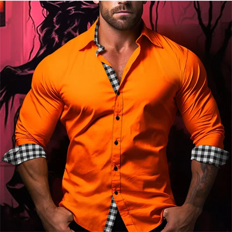New Men Fashion Simple Office Business Casual Plaid Splicing Men's Shirt Soft Comfortable Lightweight Top Button Lapel Plus Size