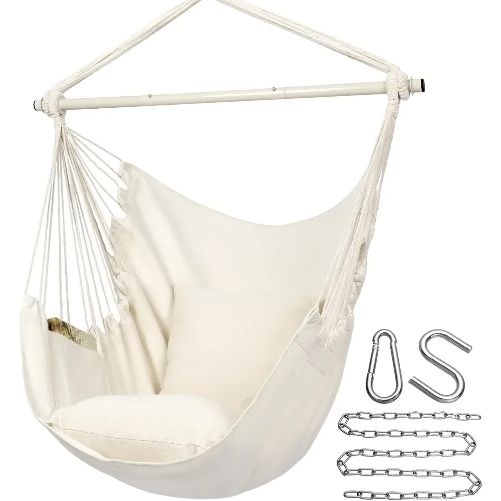 Hammock Chair Hanging Rope Swing Chair, Max 500 Lbs, 2 Seat Cushions Included, Removable Steel Spreader Bar with Anti-Slip Rings