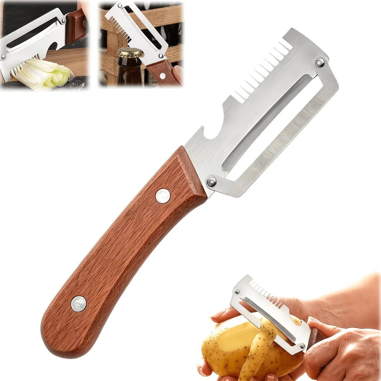 New Three in One Multifunctional Peeler, Scallion Slicer, Wooden Handle, Suitable for Sugarcane, Fruits, and Vegetables