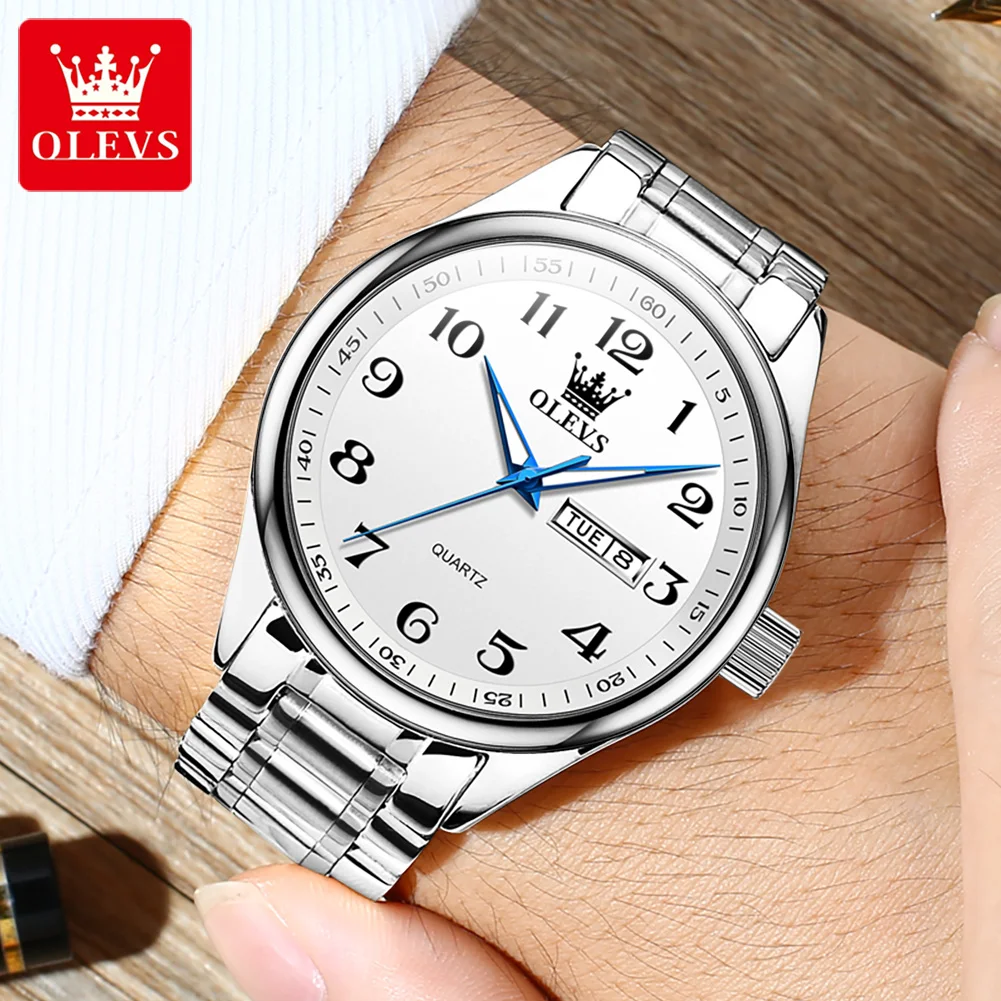 OLEVS Quartz Watch for Men Luxury Stainless Steel Waterproof Week Date Clock Elegant Dress Business Quartz Wristwatch Top Brand