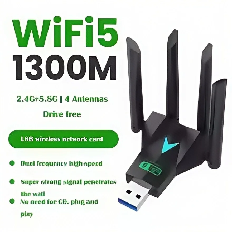 

1300Mbps USB WiFi Adapter - Dual Band 2.4G/5GHz Wireless Network Card for PC, Driver-Free Installation, Windows 7/10/11