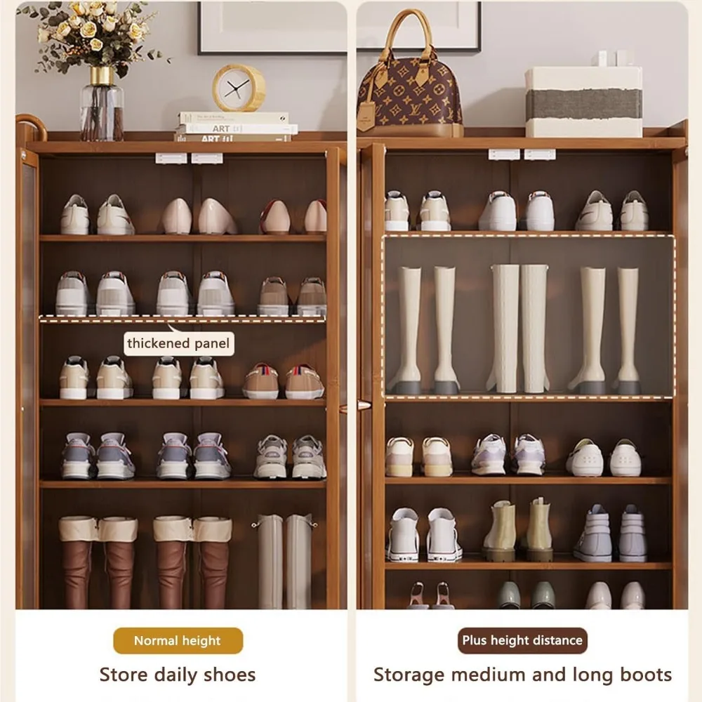 خزانة تخزين أحذية كبيرة من الخيزران مكونة من 8 طبقات مع أبواب، ومنظم رف قائم بذاته لـ 36-40 زوجًا، وخزانة أحذية موفرة للمساحة