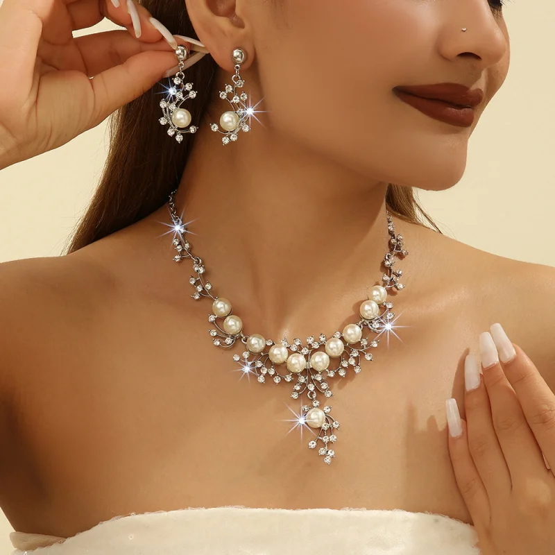 Western High Quality Faux Pearl Rhinestone Women Necklace Earrins for Brithday Bride