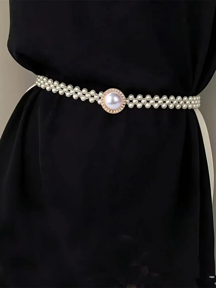 

Elegant Double Layer Pearl Waist Belt Luxury Rhinestone Inlaid Round Buckle Belt for Women Dress