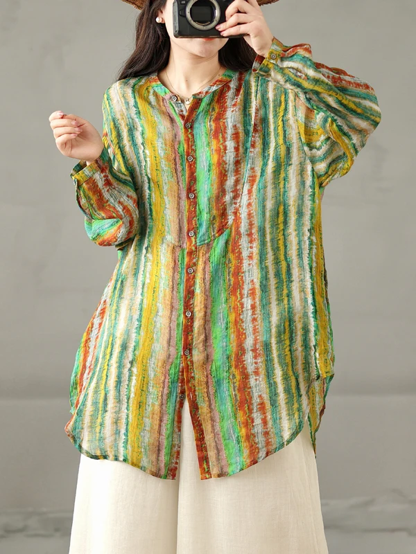 

Художественный хлопковый льняной принт в радужную полоску с принтом, большой размер, женский длинный воротник-стойка на одной пуговице, защита от солнца...