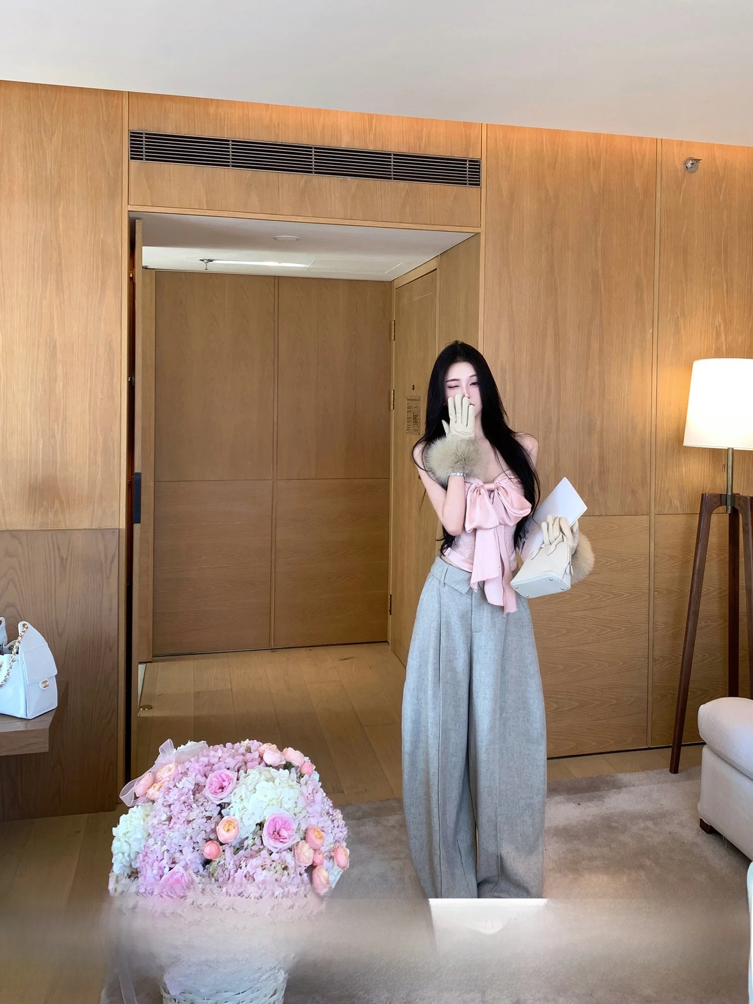 

Casual Wool Pleated Wide Leg Pants Loose Fit Aosphere Feeling Women's Premium Faion Trousers Autumn Winter Seasonal Wear