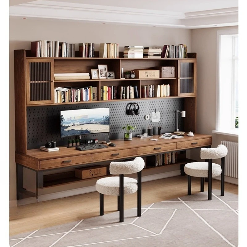 

Simple modern solid wood desk bookshelf integrated home study table double desk bedroom computer table