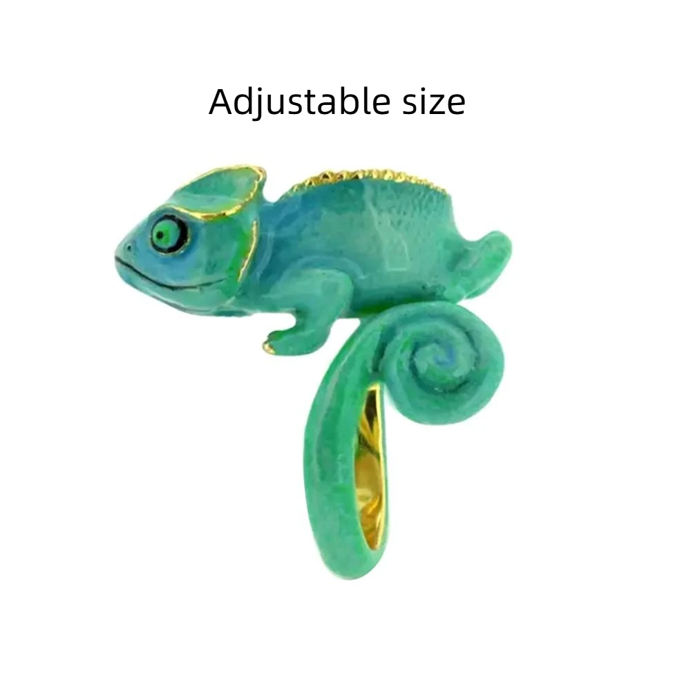 Bague caméléon mignonne de fête d'animaux, anneau ouvert en émail, accessoires de bijoux, anneaux de câlin en forme enveloppante, nouvelle collection