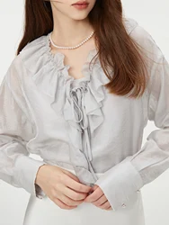 FSLE Women Vest+Blouse Sets Long Sleeve Thin Drop Sleeve Shirts Ruffled V-neck Single-breasted Blouse Grey Tops 24FS13131