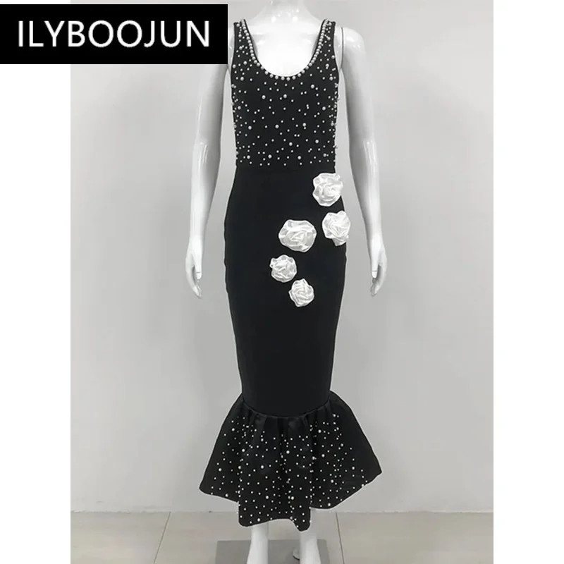 BY Women Celebrity Sexy Tank Pearl Flower Black Midi Mermaid Bodycon Bandage Dress 2024 Elegant Evening Club Party Dress