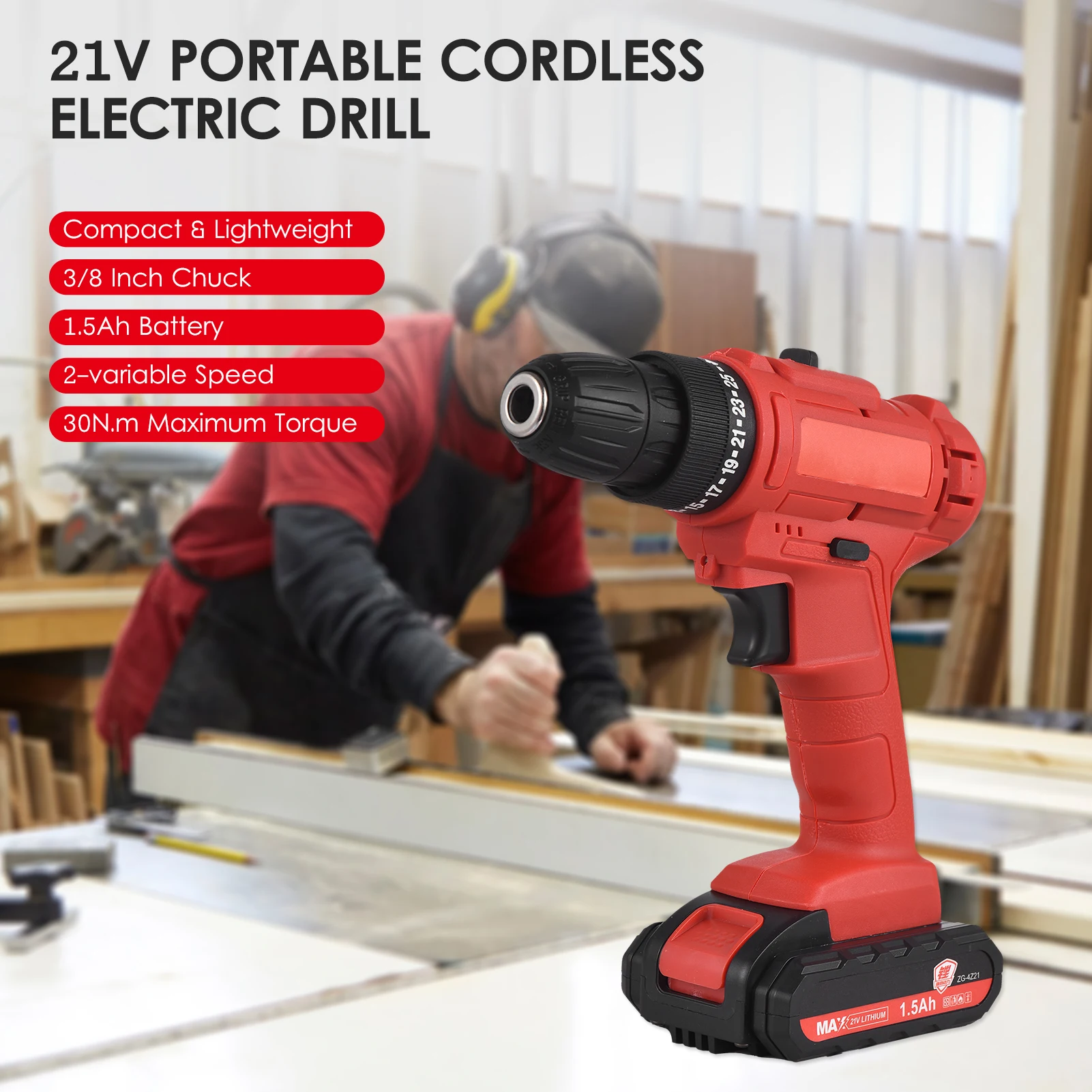 

21V Cordless Electric Drill 25+1 Torsion Gear Compact Portable Rechargeable Handheld Drill for Household Auto Repair Power Drill