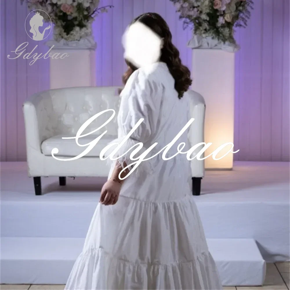 

Luxury Feather High Neck Puff Sleeve A Line Formal Flower Girl Dress Floor Length Elegant Long Flower Girl Gown Customized