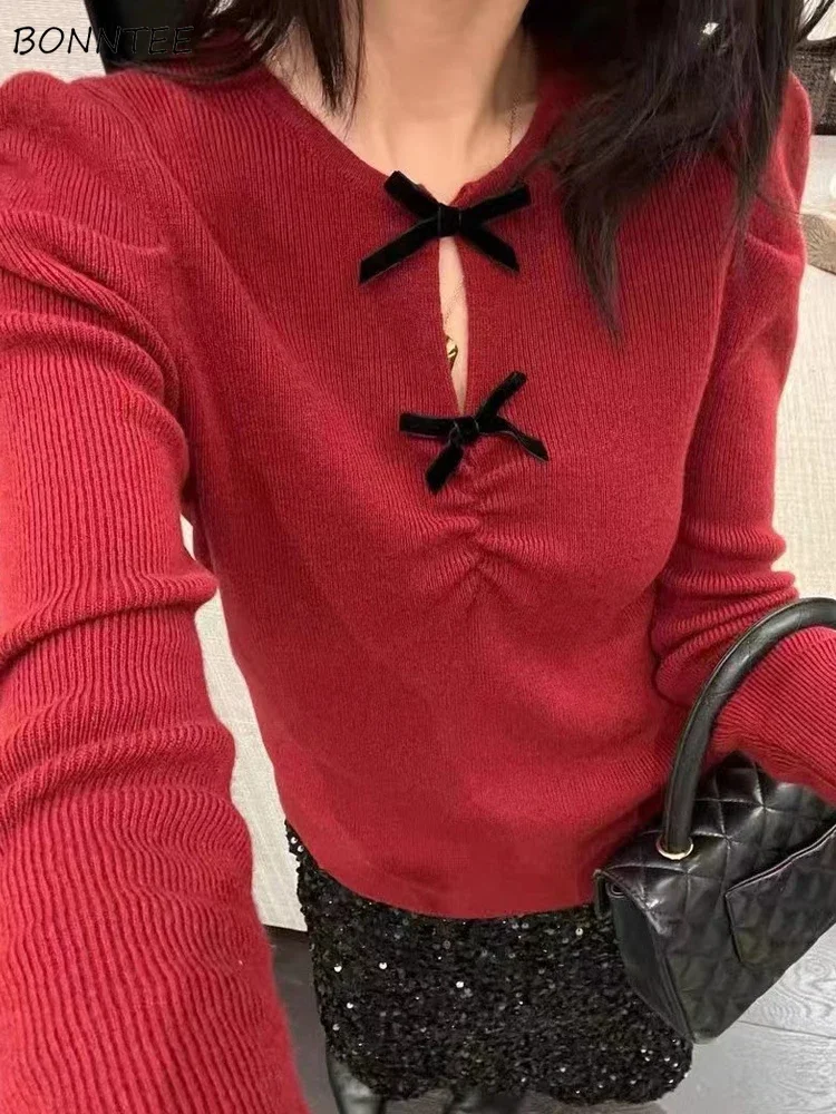 

Tender Sweaters Women Hollow Out Bow Autumn Basic Clothes All-match Korean Style Pullovers Knitwear Daily Vintage Trendy 2024