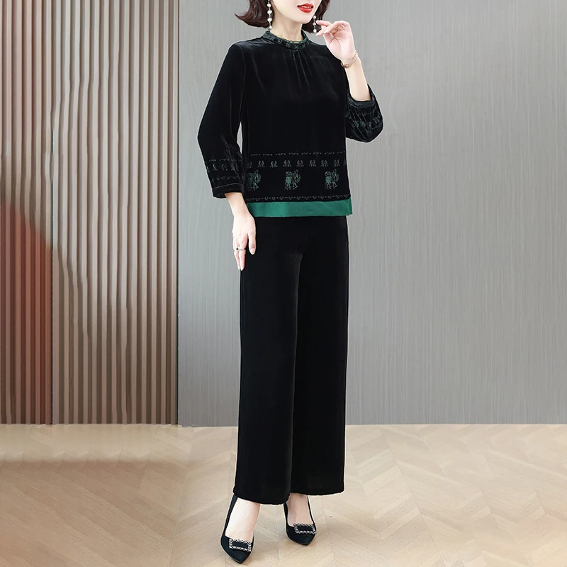 2023 Autumn and Winter New Women\'s Silk Velvet Long Sleeve Top and Pants Two Piece Set of Velvet Embroidered Wide Leg Pants