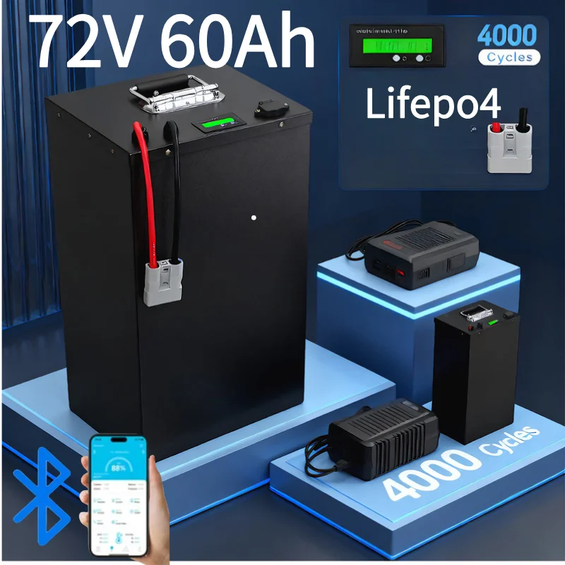 72V 60Ah LiFePO4 Lithium Iron Phosphate Battery Deep Cycle Built-in BMS 4000+ Cycles for EV RV Golf Cart Scooter Caravan